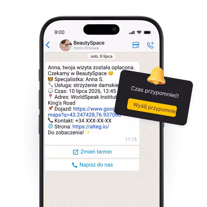 smartphone screen showing a chat about an appointment with a black reminder card saying time to remind send a reminder | altegio | altegio