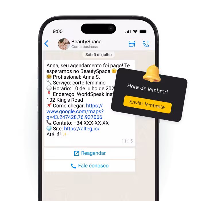 smartphone screen showing a chat about an appointment with a black reminder card saying time to remind send a reminder | altegio | altegio