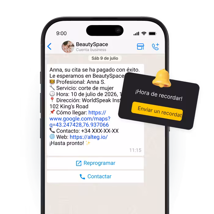 smartphone screen showing a chat about an appointment with a black reminder card saying time to remind send a reminder | altegio | altegio