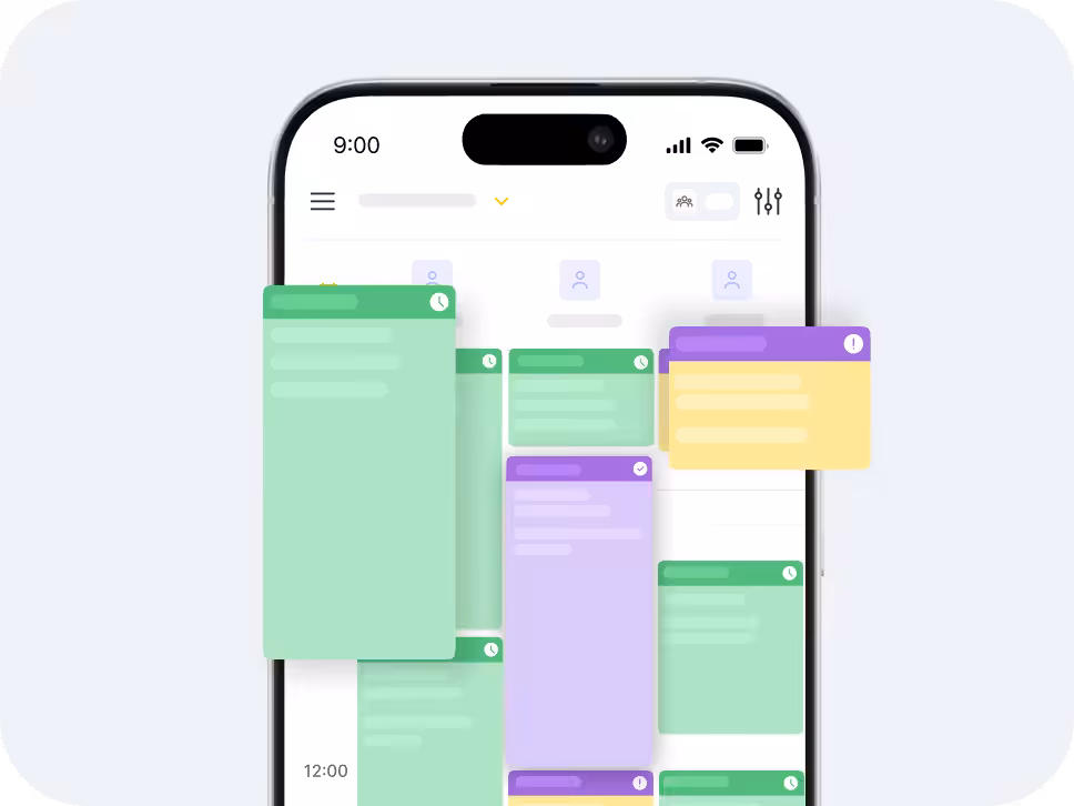 illustration of a smartphone with a busy calendar app showing colorful sticky note style tasks overlapping the screen the cards are green purple and yellow on a light background | altegio