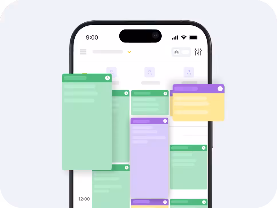 illustration of a smartphone with a busy calendar app showing colorful sticky note style tasks overlapping the screen the cards are green purple and yellow on a light background | altegio | altegio