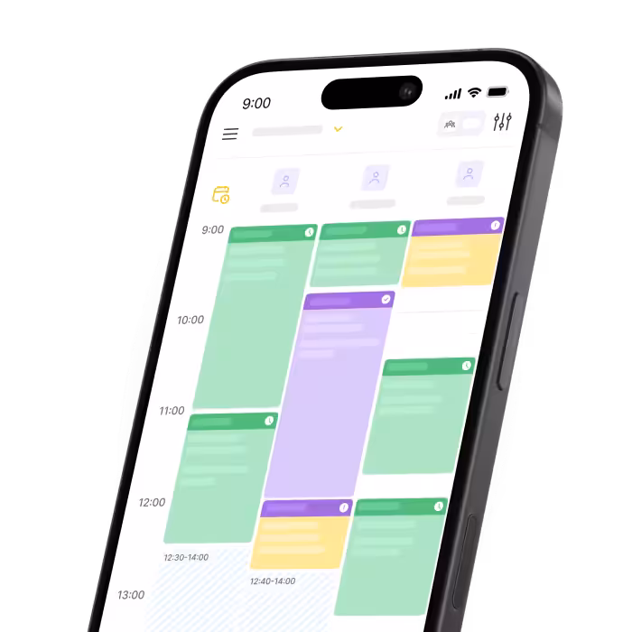 smartphone displaying a color coded calendar with time slots from 900 to 1300 in an angled view | altegio | altegio