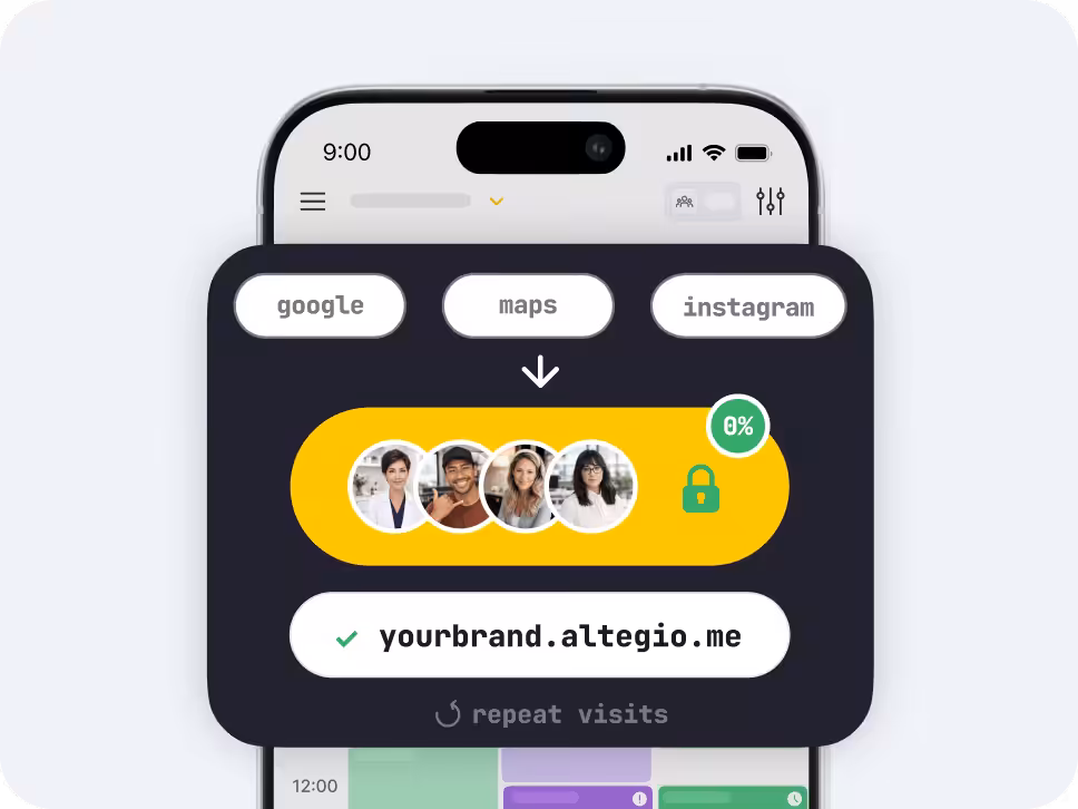 mobile app mockup dark rounded panel with tabs labeled google maps instagram a yellow rounded card showing user avatars a green lock and a 0 badge plus the text yourbrandaltegiome | altegio