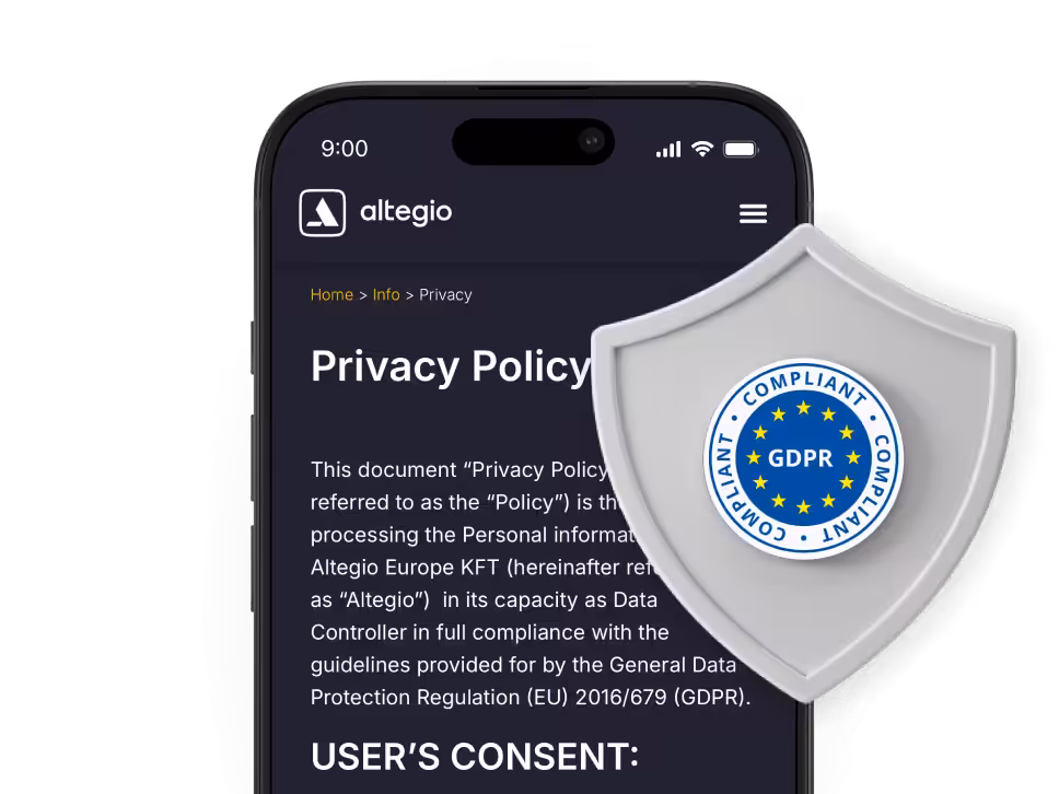 smartphone showing a privacy policy page on a dark app screen with a gdpr shield overlay in the foreground | altegio