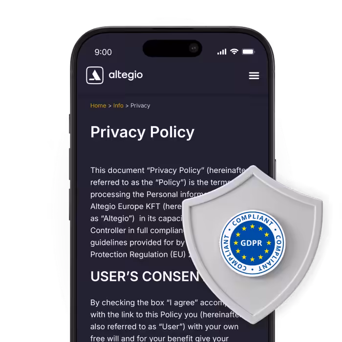 smartphone screen showing a privacy policy page with a gdpr shield badge overlayed on the text area | altegio | altegio