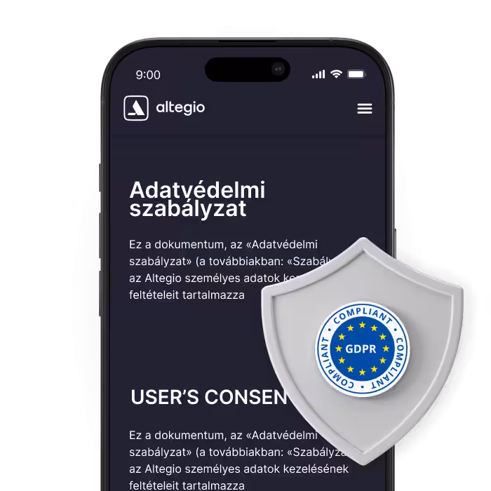 smartphone screen showing a privacy policy page with a gdpr shield badge overlayed on the text area | altegio | altegio