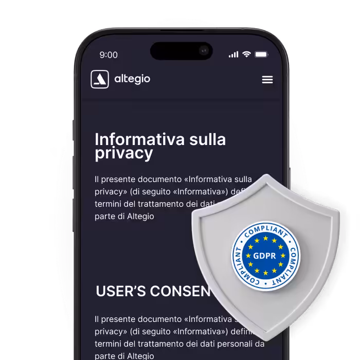smartphone screen showing a privacy policy page with a gdpr shield badge overlayed on the text area | altegio | altegio