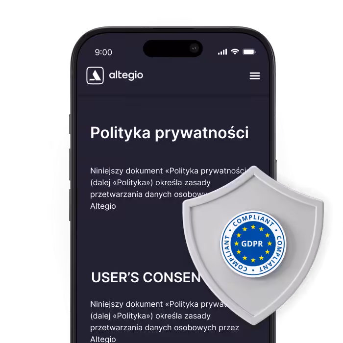 smartphone screen showing a privacy policy page with a gdpr shield badge overlayed on the text area | altegio | altegio