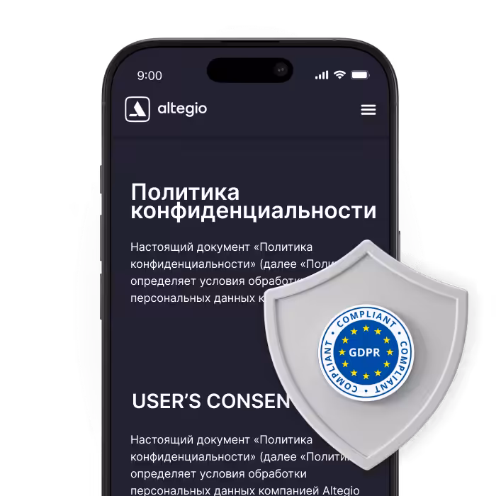 smartphone screen showing a privacy policy page with a gdpr shield badge overlayed on the text area | altegio | altegio