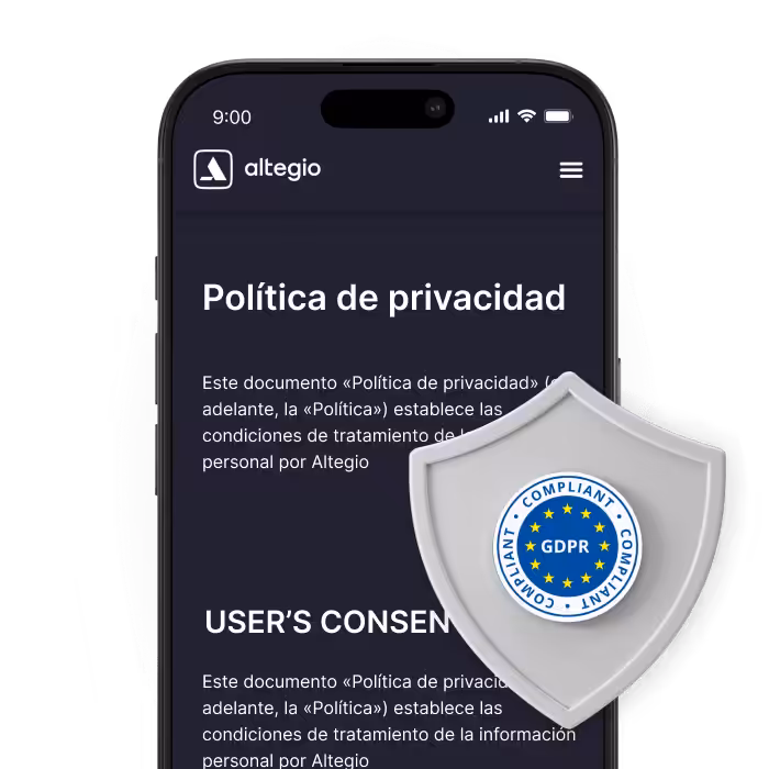 smartphone screen showing a privacy policy page with a gdpr shield badge overlayed on the text area | altegio | altegio