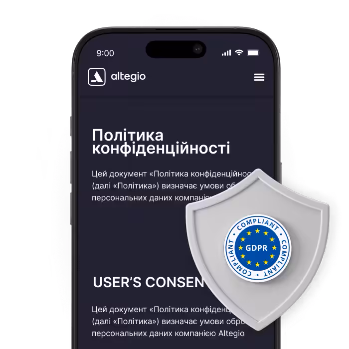 smartphone screen showing a privacy policy page with a gdpr shield badge overlayed on the text area | altegio | altegio