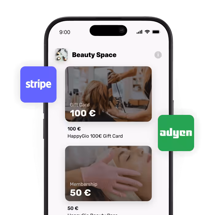 mobile app screen titled beauty space showing gift cards 100€ gift card and 50€ membership options with images and brief descriptions stripe and adyen logos floating on sides | altegio | altegio