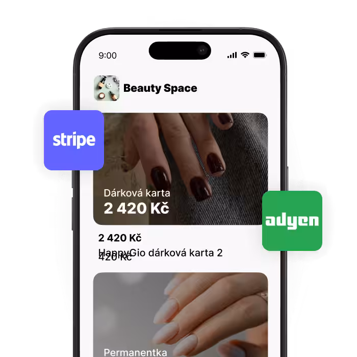 mobile app screen titled beauty space showing gift cards 100€ gift card and 50€ membership options with images and brief descriptions stripe and adyen logos floating on sides | altegio | altegio