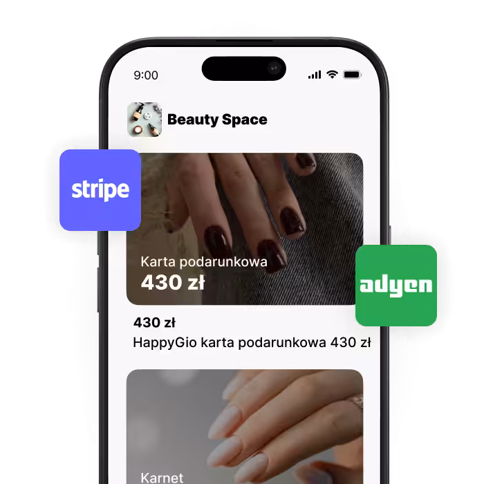 mobile app screen titled beauty space showing gift cards 100€ gift card and 50€ membership options with images and brief descriptions stripe and adyen logos floating on sides | altegio | altegio