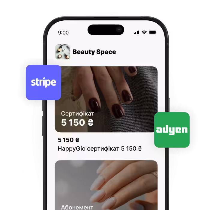 mobile app screen titled beauty space showing gift cards 100€ gift card and 50€ membership options with images and brief descriptions stripe and adyen logos floating on sides | altegio | altegio