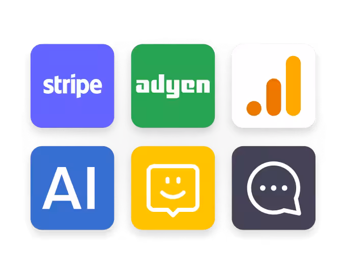 six rounded square icons in two rows stripe purple adyen green analytics bars icon orange | altegio