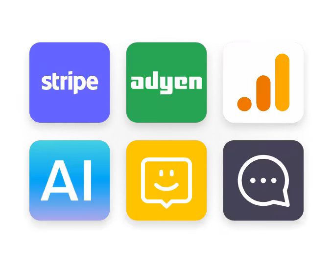 six rounded square icons in a 3x2 grid stripe purple adyen green google analytics orange bars or similar analytics icon ai blue gradient yellow chat bubble and purple chat bubble with dots | altegio | altegio