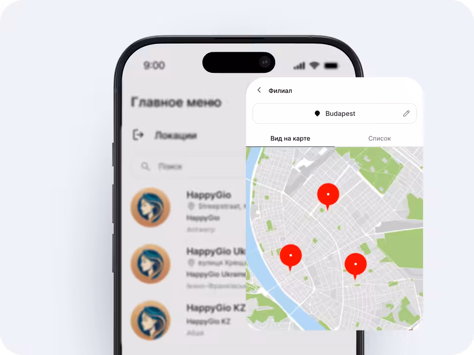 Экран смартфона, на котором отображается приложение «Мои карты» с вкладками «Членство» и «Подарочные карты»; фиолетовая карта месячного абонемента перекрывает экран, на котором отображается надпись «Осталось 24 из 30 посещений» и «Срок действия до 12.12.2024»&» с аватаром пользователя | altegio | altegio
