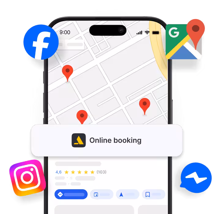 smartphone displaying a map with red location pins and an online booking banner surrounded by social icons facebook instagram google maps messenger | altegio | altegio