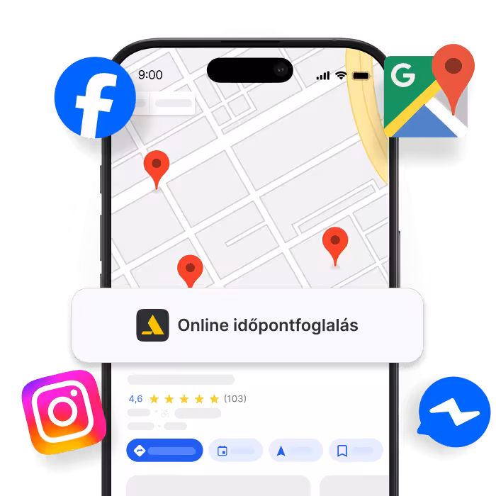 smartphone displaying a map with red location pins and an online booking banner surrounded by social icons facebook instagram google maps messenger | altegio | altegio