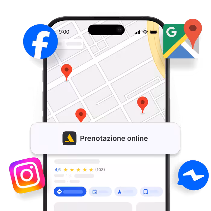 smartphone displaying a map with red location pins and an online booking banner surrounded by social icons facebook instagram google maps messenger | altegio | altegio