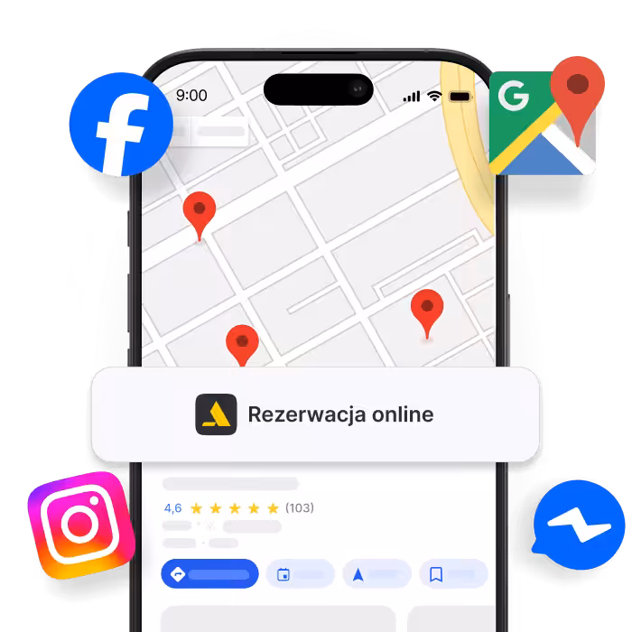 smartphone displaying a map with red location pins and an online booking banner surrounded by social icons facebook instagram google maps messenger | altegio | altegio