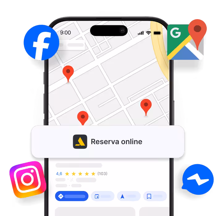 smartphone displaying a map with red location pins and an online booking banner surrounded by social icons facebook instagram google maps messenger | altegio | altegio