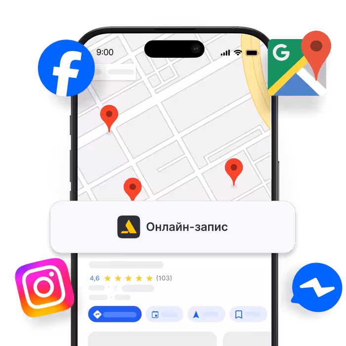 smartphone displaying a map with red location pins and an online booking banner surrounded by social icons facebook instagram google maps messenger | altegio | altegio