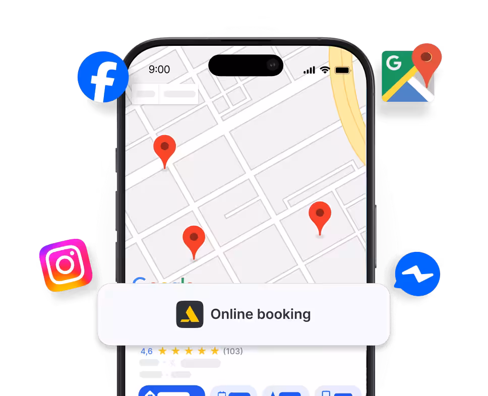 phone screen showing a map with several red pins and an &aposonline booking&apos banner | altegio