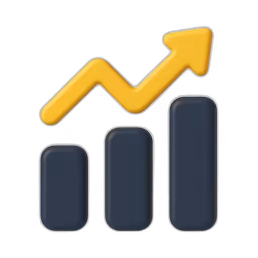Three dark blue bars of increasing height with a yellow upward arrow, illustrating growth or an upward trend.