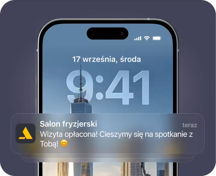 Ekran smartfona z powiadomieniem od salonu fryzjerskiego: „Twoja wizyta została pomyślnie opłacona. Czekamy na Ciebie z niecierpliwością” – na tle tapety przedstawiającej panoramę miasta | altegio