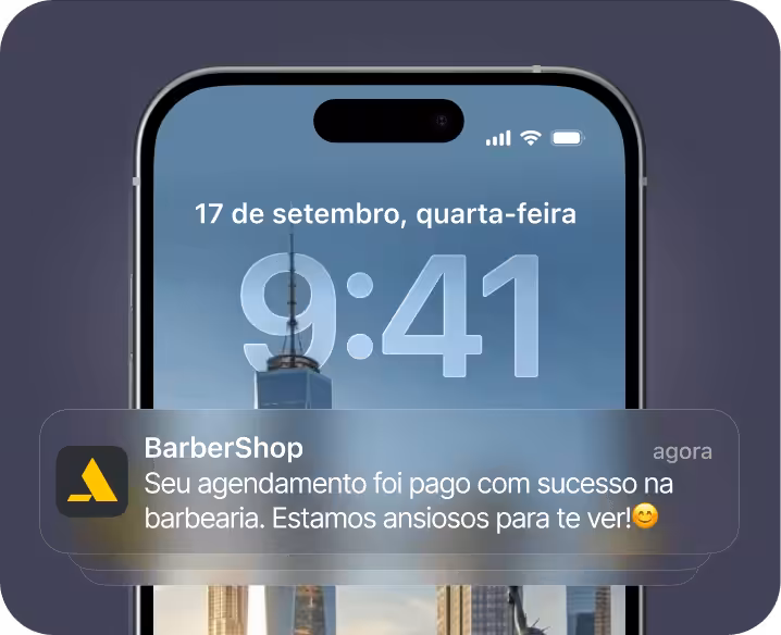Tela de smartphone exibindo uma notificação da barbearia informando que o pagamento da sua consulta foi concluído com sucesso. A barbearia está ansiosa para recebê-lo, com um papel de parede de paisagem urbana ao fundo | altegio | altegio