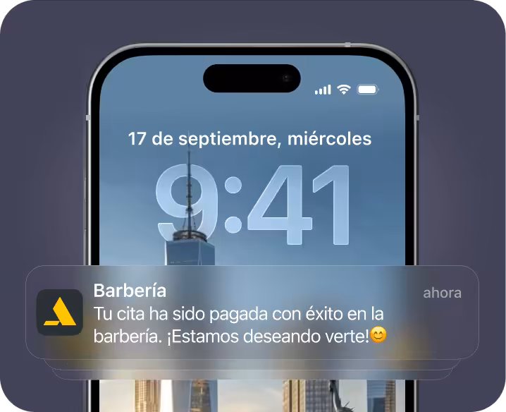 Pantalla de un smartphone en la que se ve una notificación de la peluquería indicando que tu cita se ha pagado correctamente. En la peluquería estamos deseando verte, sobre un fondo de pantalla con un paisaje urbano | altegio | altegio