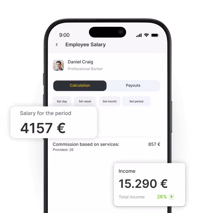 mobile salary dashboard on a smartphone showing daniel craig&aposs earnings period pay 4157 € total income 15290 € with calculation tab active | altegio | altegio