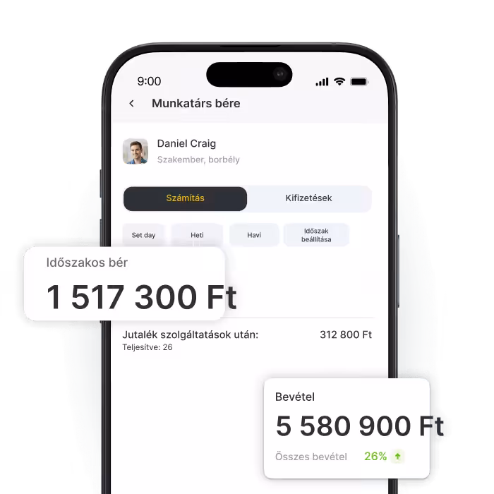 mobile salary dashboard on a smartphone showing daniel craig&aposs earnings period pay 4157 € total income 15290 € with calculation tab active | altegio | altegio