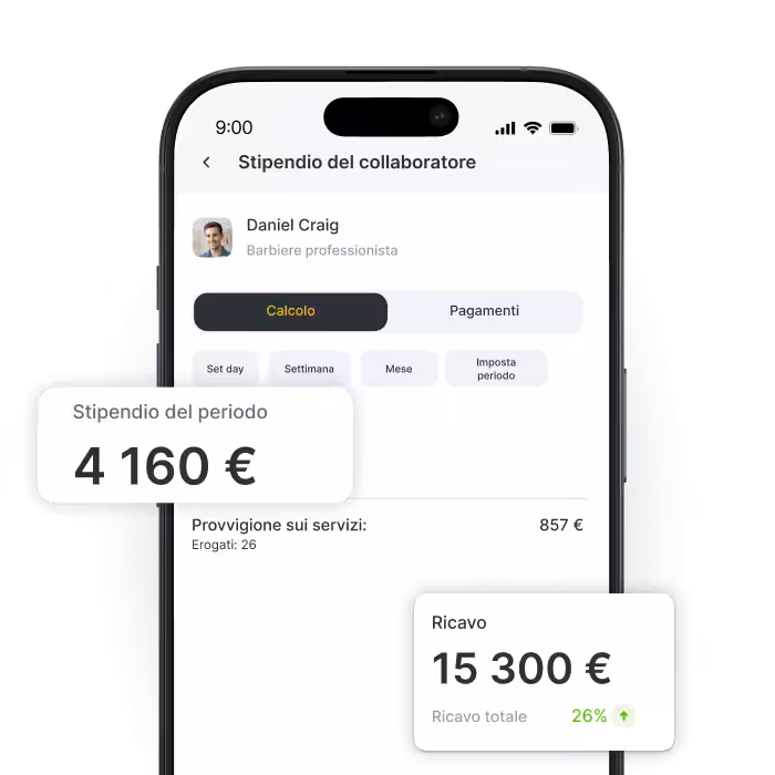 mobile salary dashboard on a smartphone showing daniel craig&aposs earnings period pay 4157 € total income 15290 € with calculation tab active | altegio | altegio
