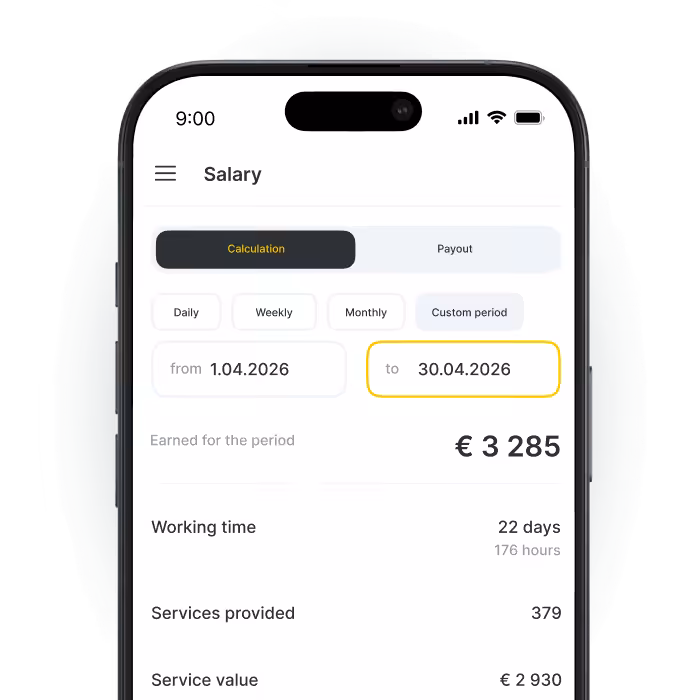 Mobile screen showing a salary dashboard: tabbed view with Calculation selected, date range from 1.04.2026 to 30.04.2026 highlighted, earned amount €3 285, and sections for Working time, Services provided, and Service value.