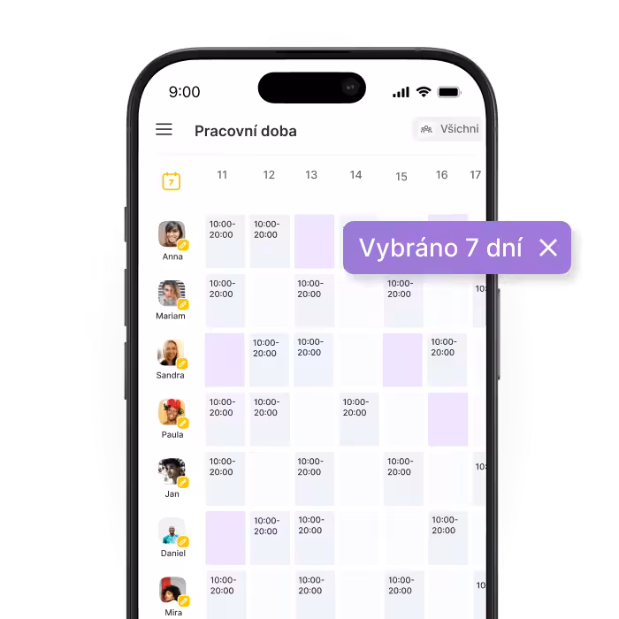 mobile calendar app showing a weekly schedule with user avatars on the left and 10 am8 pm blocks with a purple &apos7 days selected&apos label at the top right of the week | altegio | altegio