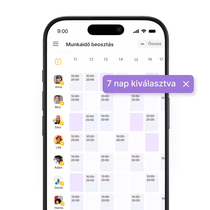 mobile calendar app showing a weekly schedule with user avatars on the left and 10 am8 pm blocks with a purple &apos7 days selected&apos label at the top right of the week | altegio | altegio