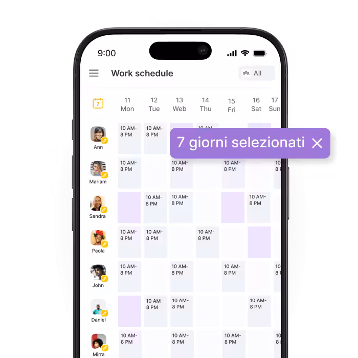 mobile calendar app showing a weekly schedule with user avatars on the left and 10 am8 pm blocks with a purple &apos7 days selected&apos label at the top right of the week | altegio | altegio