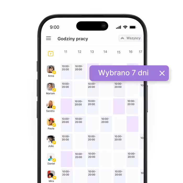 mobile calendar app showing a weekly schedule with user avatars on the left and 10 am8 pm blocks with a purple &apos7 days selected&apos label at the top right of the week | altegio | altegio