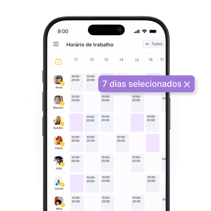 mobile calendar app showing a weekly schedule with user avatars on the left and 10 am8 pm blocks with a purple &apos7 days selected&apos label at the top right of the week | altegio | altegio