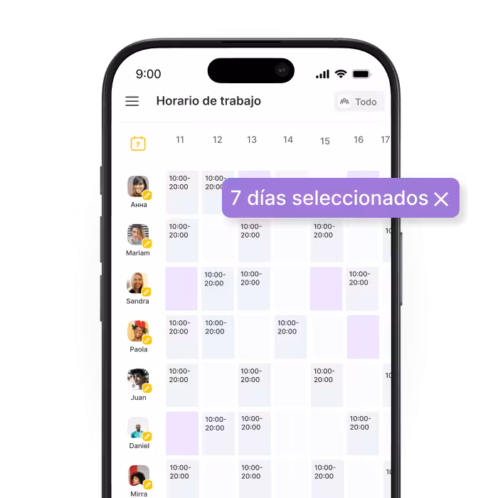 mobile calendar app showing a weekly schedule with user avatars on the left and 10 am8 pm blocks with a purple &apos7 days selected&apos label at the top right of the week | altegio | altegio