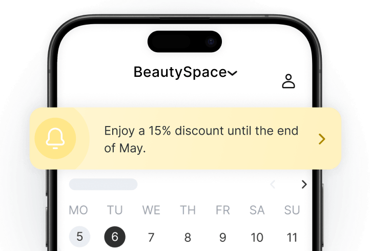 app screen showing beautyspace with a yellow promo banner &aposenjoy a 15 discount until the end of may&apos above a calendar ui | altegio