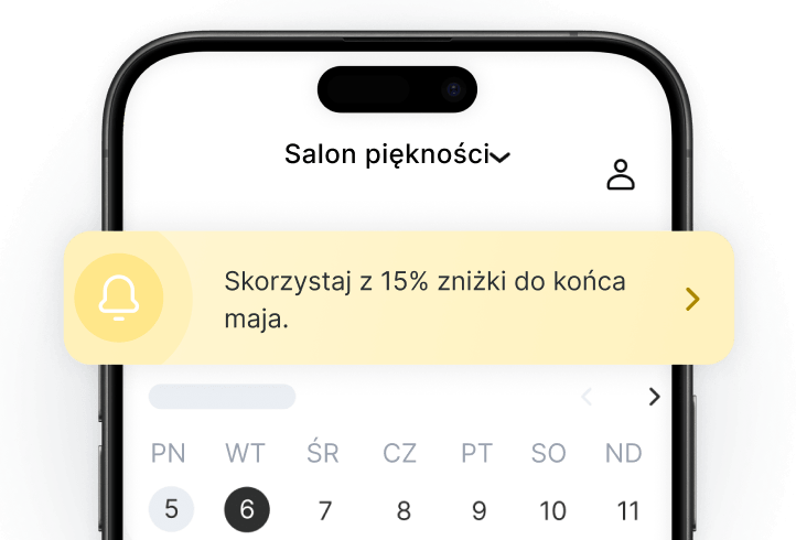 app screen showing beautyspace with a yellow promo banner &aposenjoy a 15 discount until the end of may&apos above a calendar ui | altegio | altegio