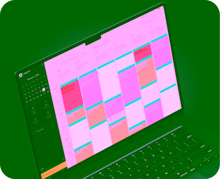 laptop screen shows a colorful color coded weekly calendar with many events in blocks on a dark background surface | altegio