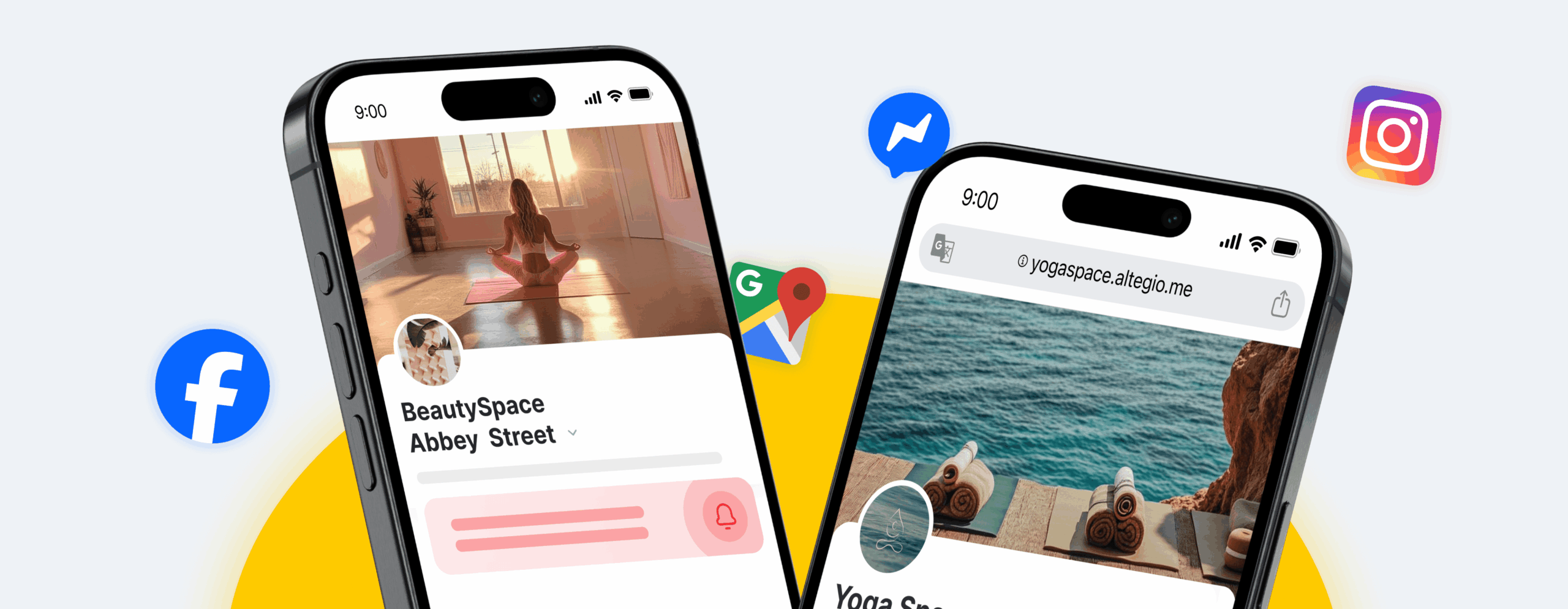 two tilted smartphones display yoga app screens with surrounding social icons facebook messenger instagram on a bright abstract background | altegio | altegio