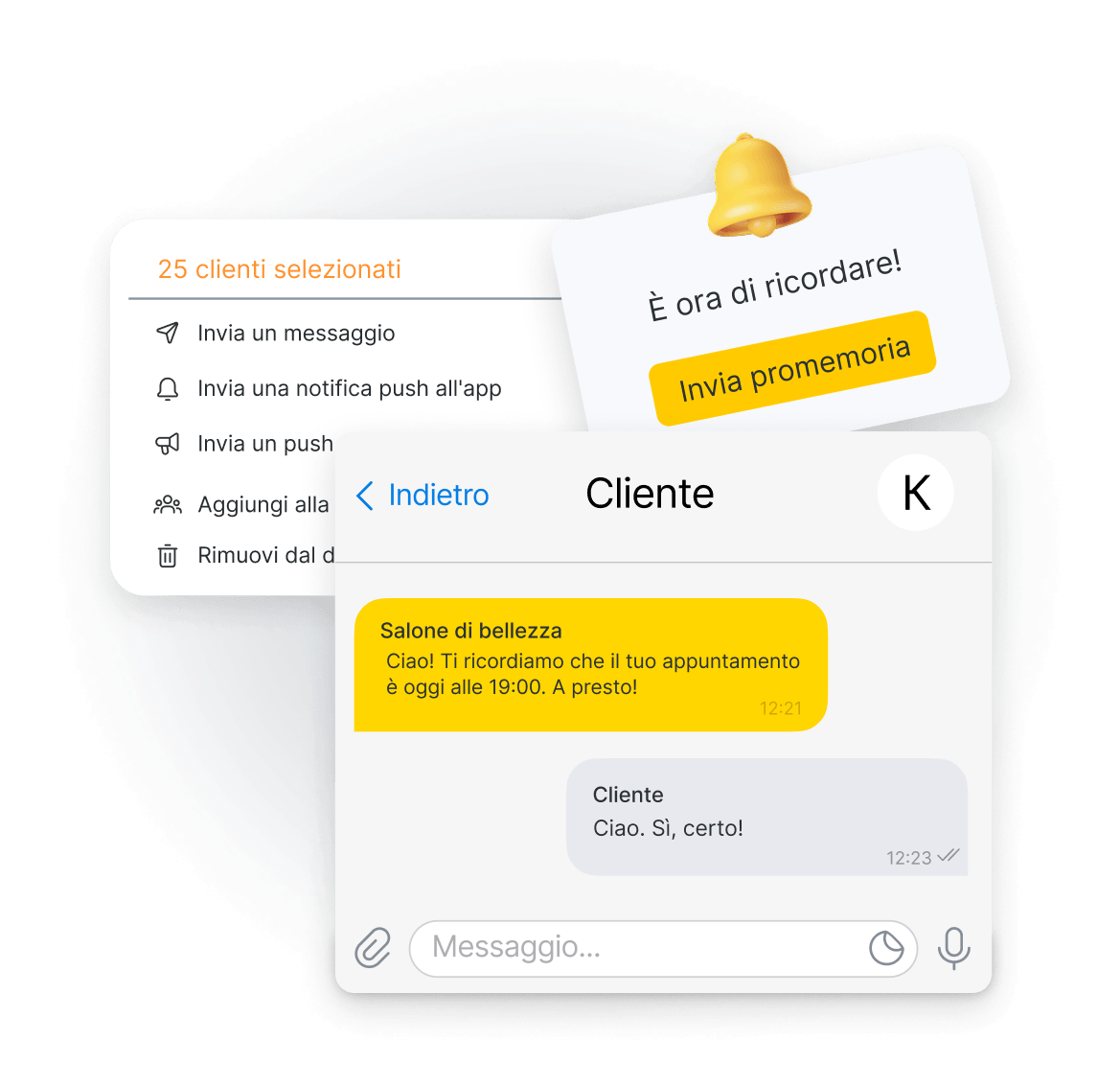 Dashboard showing 'Selected 25 clients' with action items (send message, push notification) and an overlapping yellow reminder card.