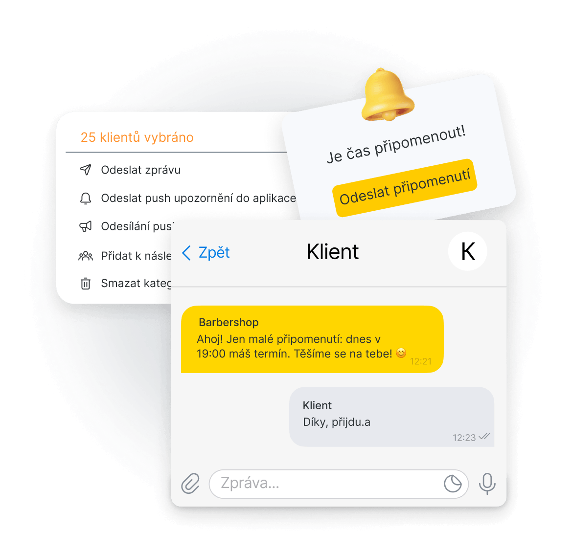 Dashboard showing 'Selected 25 clients' with action items (send message, push notification) and an overlapping yellow reminder card.