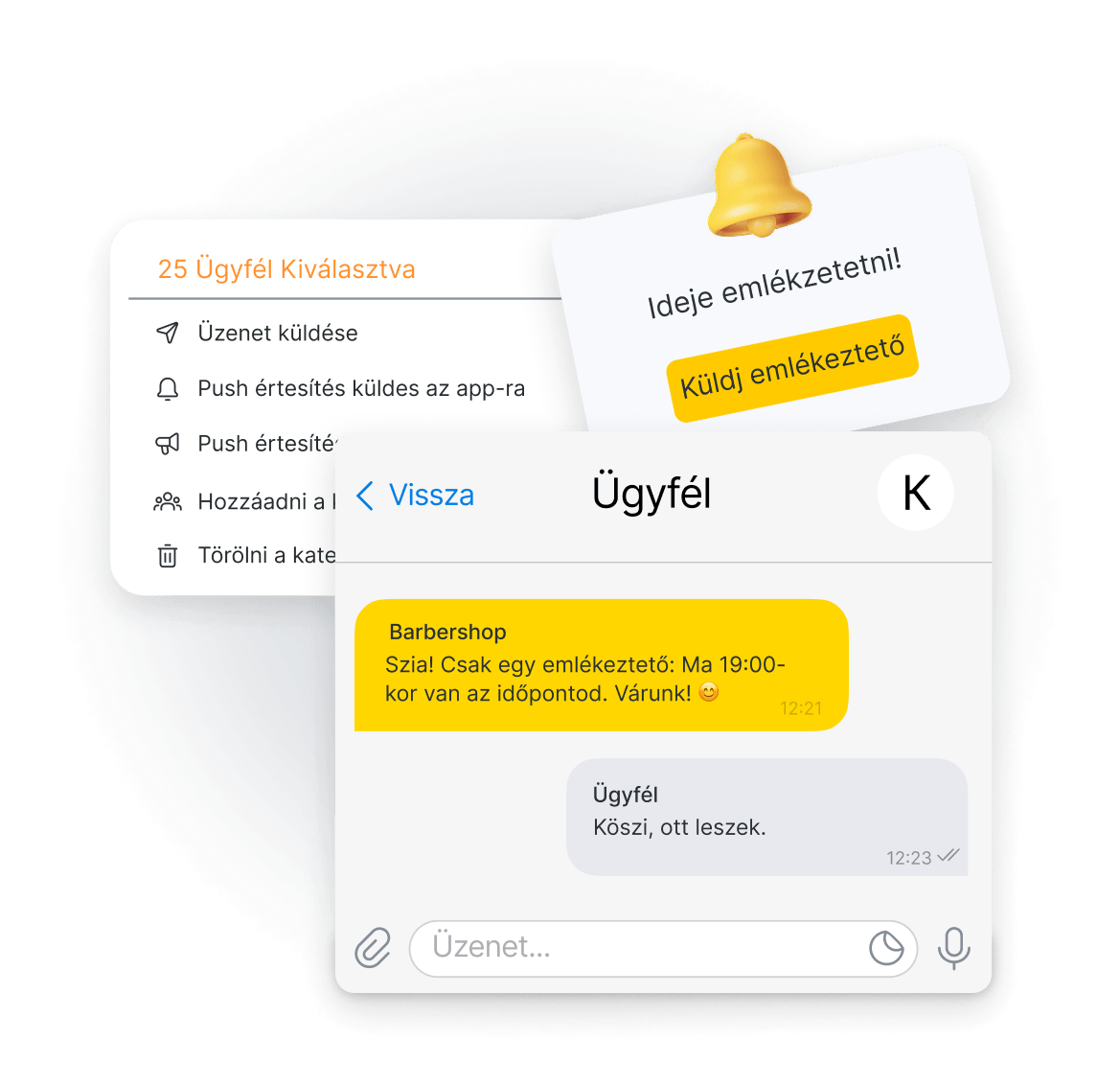 Dashboard showing 'Selected 25 clients' with action items (send message, push notification) and an overlapping yellow reminder card.